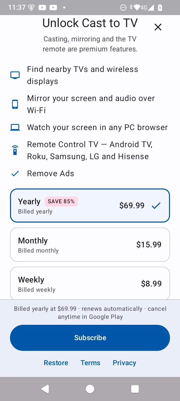 The Unlock Cast to TV subscription screen, listing yearly, monthly and weekly plans above a Subscribe button.