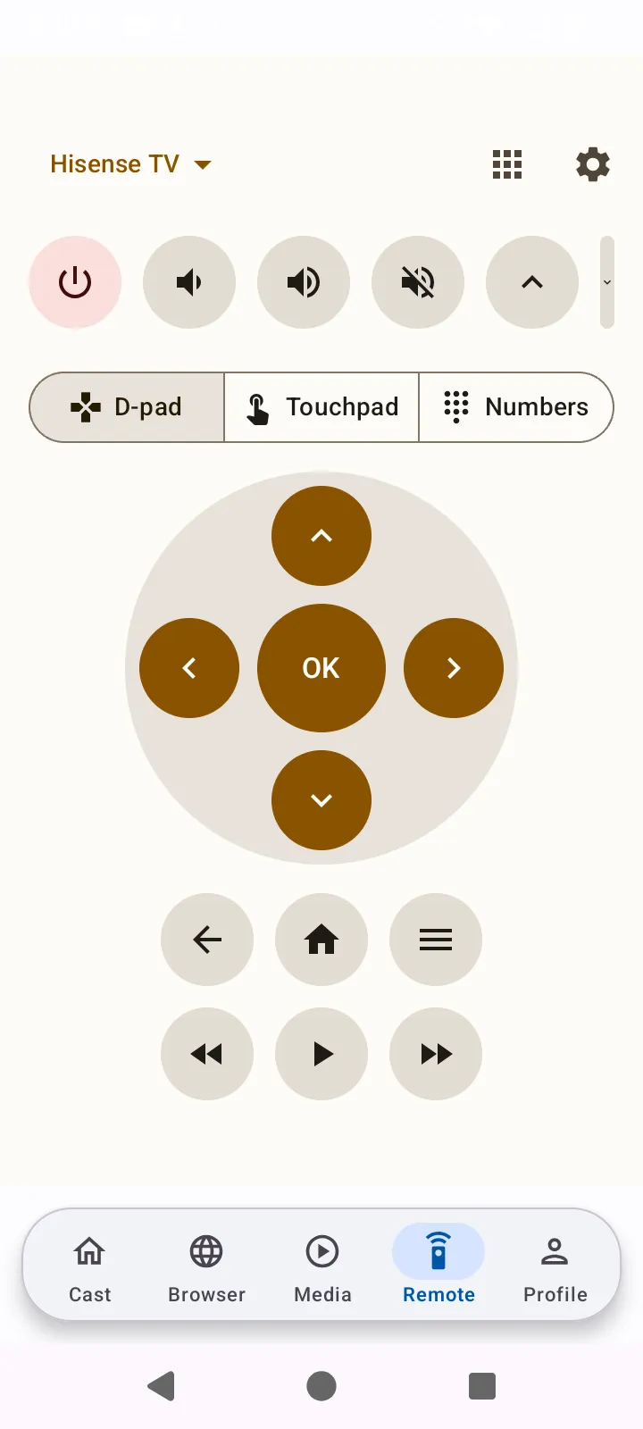 The app's TV remote connected to a Hisense TV, with power and volume buttons above a D-pad.
